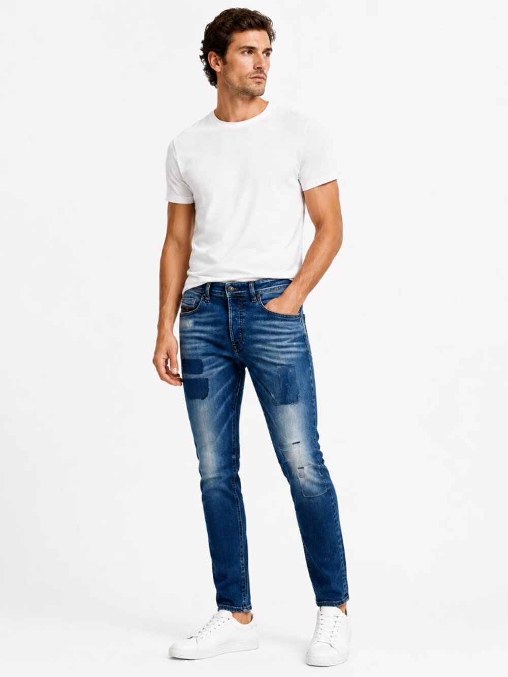 DIESEL DNA TEPPHAR MEN'S WHISKERED PATCHWORK SLIM FIT STRETCH JEANS - 30